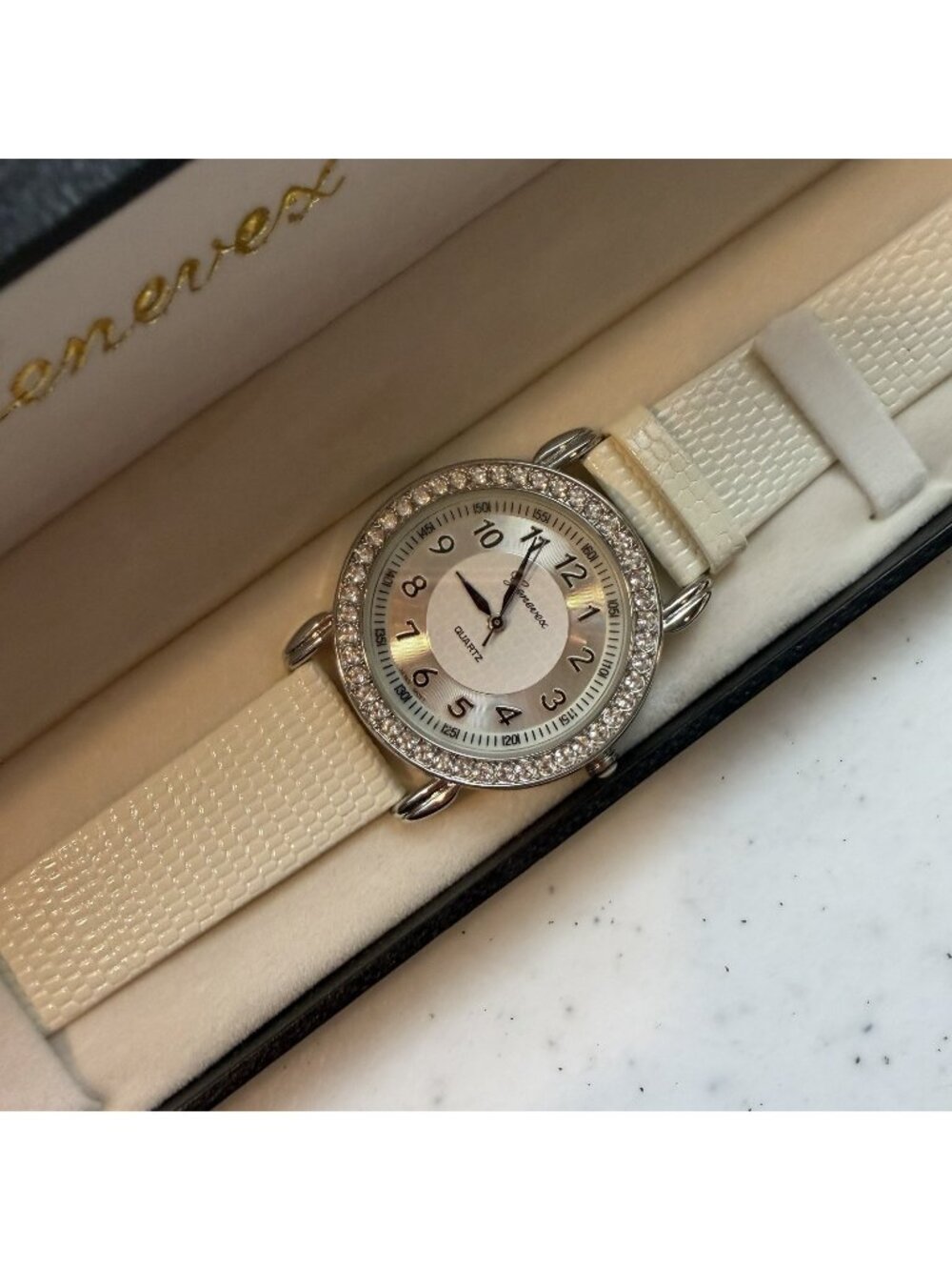 GENEVEX Cubic Zirconia Case MOP Dial ~ White Leather Women’s Watch NWT